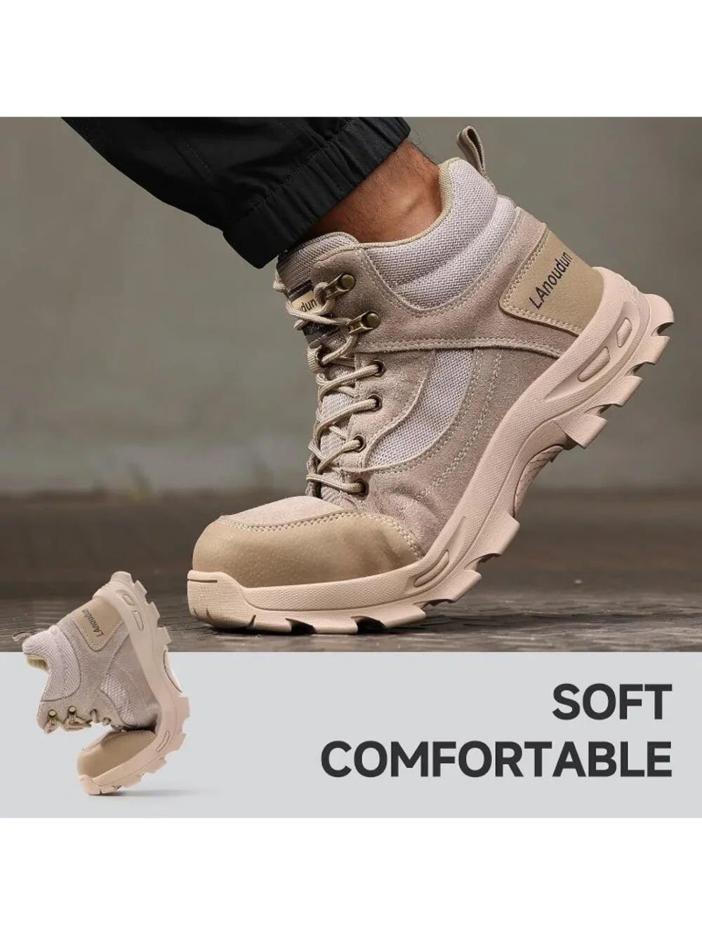 Men's Beige Splashproof Shoes Casual High Top Steel Toe Non Slip Hiking Boots